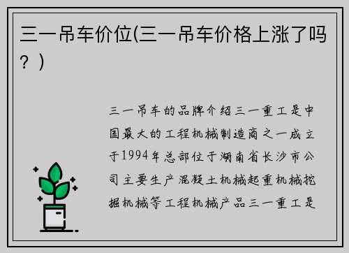 三一吊车价位(三一吊车价格上涨了吗？)